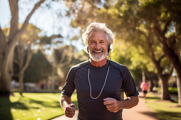 Een dynamisch en inspirerend beeld van een oudere man die buiten in een park hardloopt