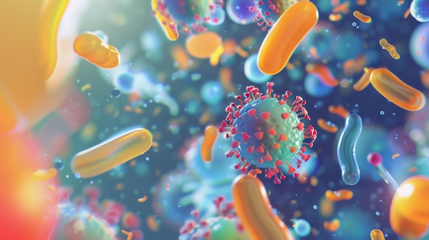 Een dynamische 3D-illustratie van bacteriën en virussen in een levendige en meeslepend microscopische weergave