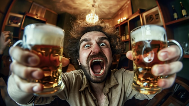 Foto een dynamische close-up van een vrolijke man met krullend haar die twee bekers bier aanbiedt in een levendige bar