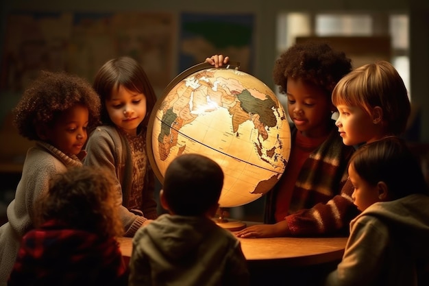 Foto een dynamische en sfeervolle setting met een groep kinderen die ineengedoken rond een wereldbol generatieve ai zitten