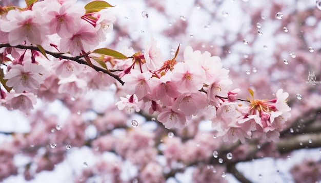 Een dynamische foto van kersenbloesems die als sneeuwvlokken vallen