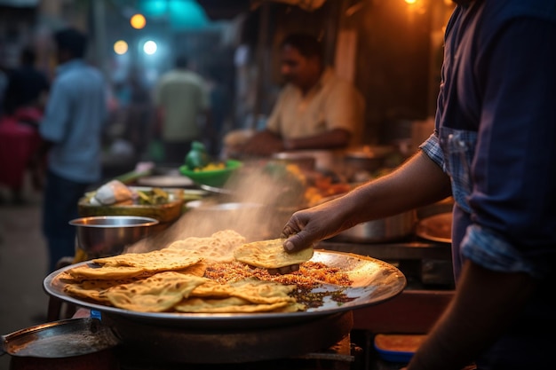 Een dynamische overhead opname van masala dosa die wordt geserveerd in een bruisend restaurant