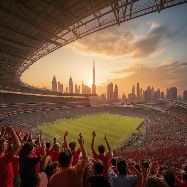 Een dynamische scène in een voetbalstadion bij zonsondergang rook en menigte