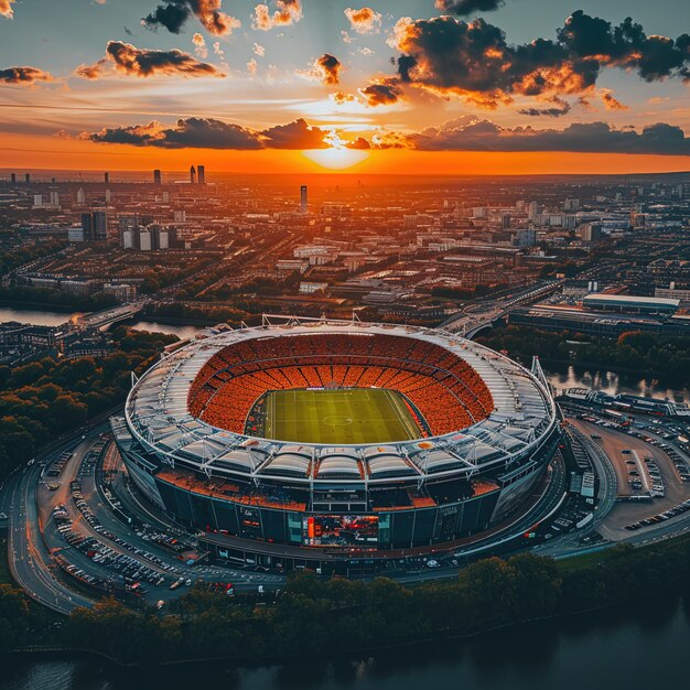 Foto een dynamische scène in een voetbalstadion bij zonsondergang rook en menigte