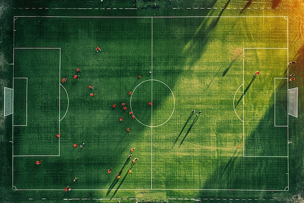 Een dynamische scène in een voetbalstadion bij zonsondergang rook en menigte