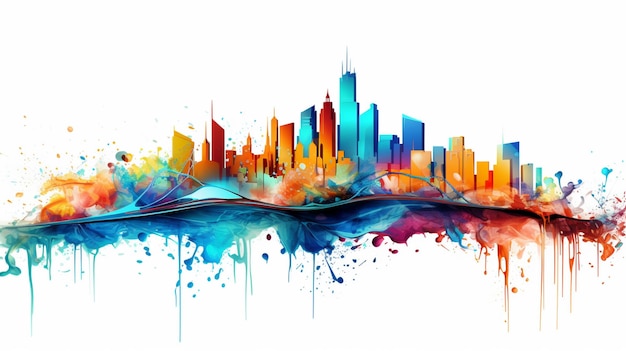 Een dynamische splash van felle kleuren op een witte achtergrond gestileerd om levendige skylines en stadsgezichten te oproepen vastgelegd in tinten van licht karmozijnrood en hemelblauw