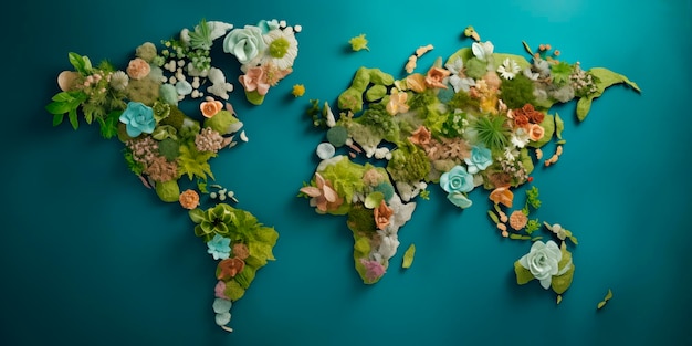 Een Earth-kaart samengesteld uit levendig gebladerte, groen mos, kleurrijke bloemen en bladeren op een blauwgroene achtergrond die ecologische duurzaamheid vertegenwoordigt