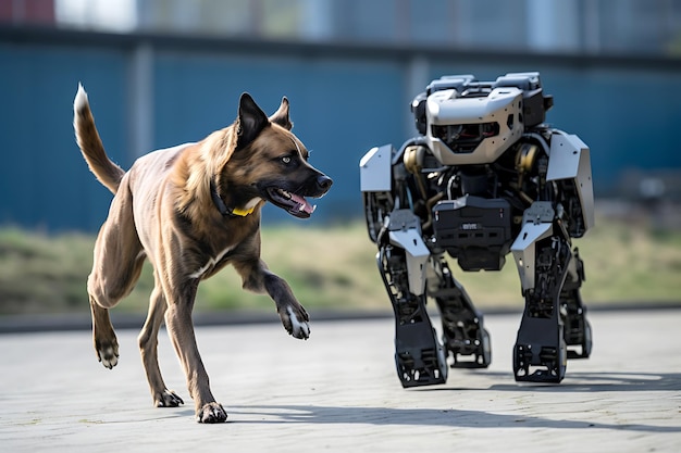 Foto een echte hond en een robothond bewegen zich overdag samen langs de weg horizontale foto