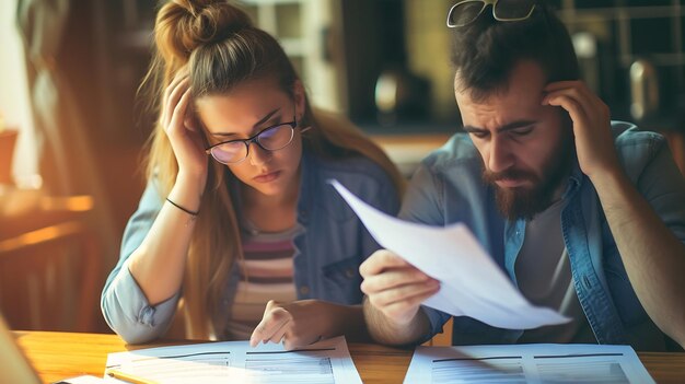 Foto een echtpaar dat rekeningen beoordeelt, voelt zich gestrest door financiële problemen.