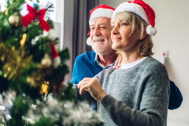 Een echtpaar die thuis een kerstboom versiert.
