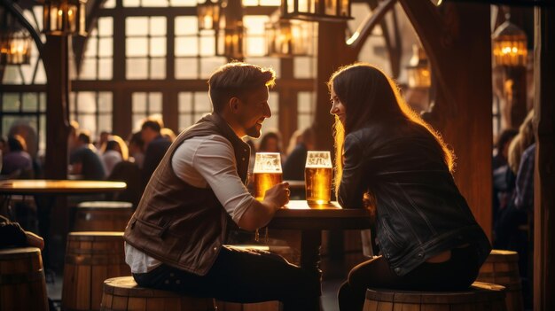 Een echtpaar drinkt bier in een klassiek restaurant met houten biervaten als stoelen