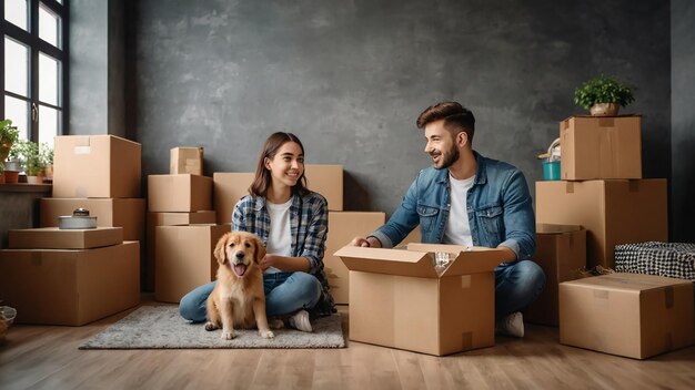 Een echtpaar en zijn huisdier verhuizen naar een nieuw huis