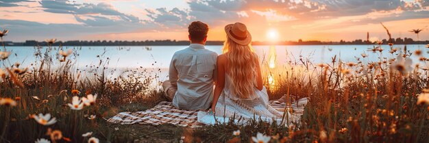 Een echtpaar geniet van een picknick bij het meer en geniet van de rust in de open lucht