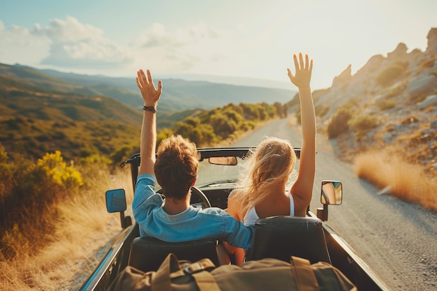 Een echtpaar geniet van een road trip avontuur in een cabriolet met ai gegenereerd