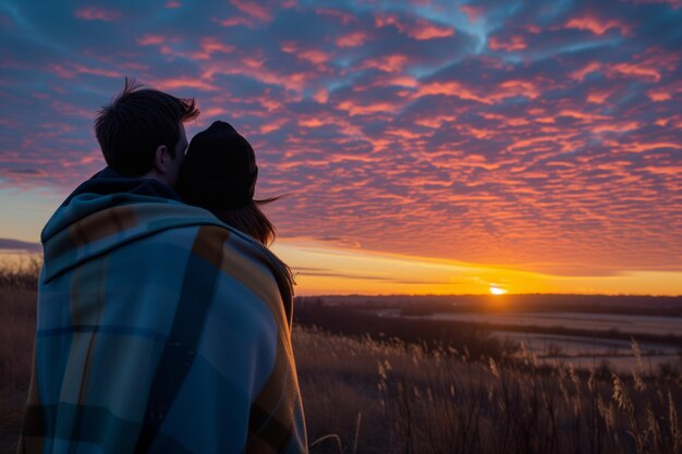 Een echtpaar gewikkeld in een deken kijkt naar de zonsopgang.