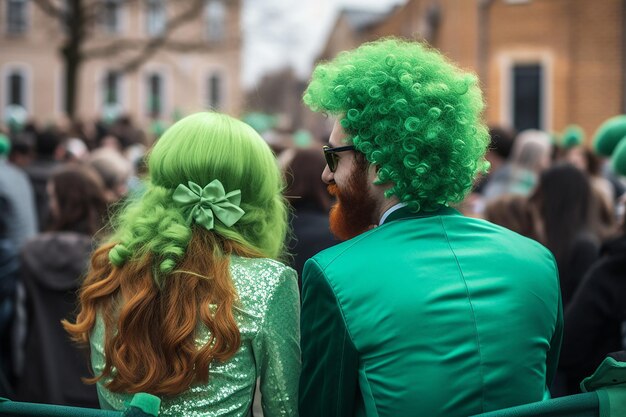 een echtpaar gezien van achteren vermomd voor Saint Patrick's Day op een feestje