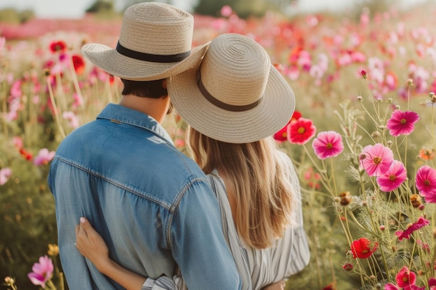 Een echtpaar in strohoeden omhelst elkaar met uitzicht op een levendig veld van bloemen