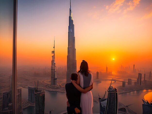 Een echtpaar kijkt naar de zonsopgang vanaf de top van de Burj Khalifa gegenereerd door ai