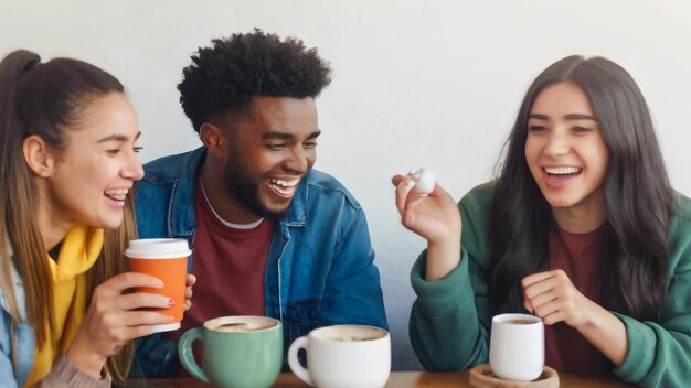 Foto een echtpaar lacht en lacht terwijl ze een kop koffie drinken