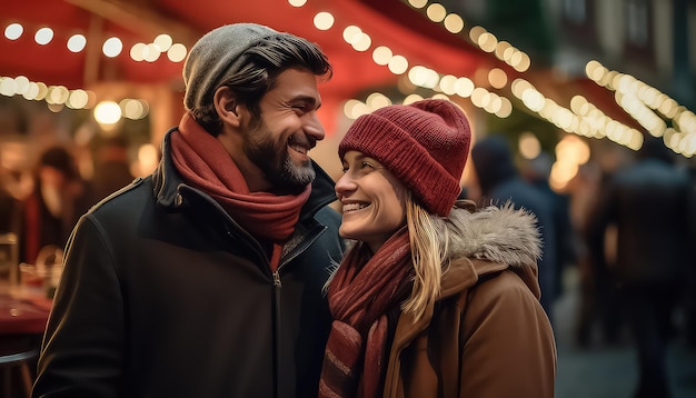 Een echtpaar loopt door de straten van de winterstad. Kerstmis en nieuwjaar.