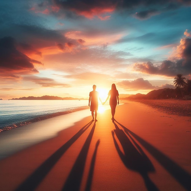 Een echtpaar loopt hand in hand langs een strand bij zonsondergang
