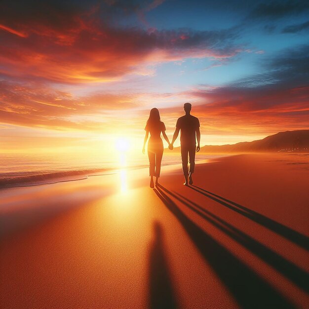Een echtpaar loopt hand in hand langs een strand bij zonsondergang