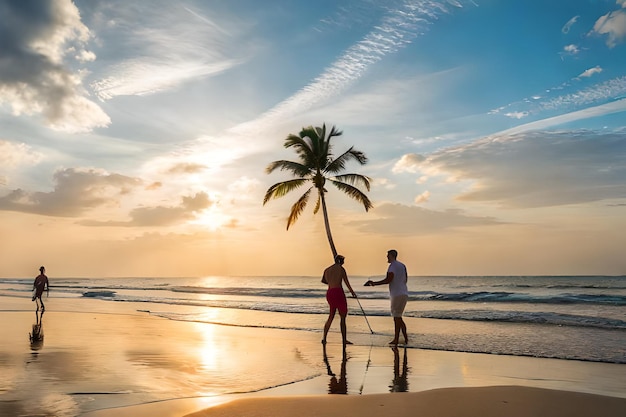 Een echtpaar loopt op het strand met een palmboom op de achtergrond.