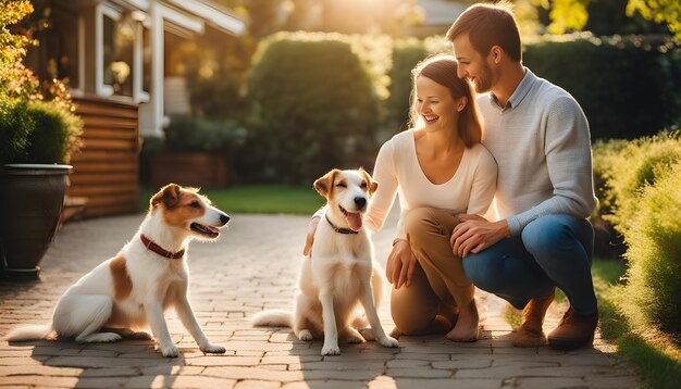 een echtpaar met hun hond en een hond op de achtergrond