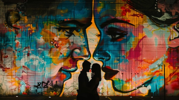 Een echtpaar omhelst zich voor een massieve graffiti muurschildering hun rug naar de camera de heldere abstracte