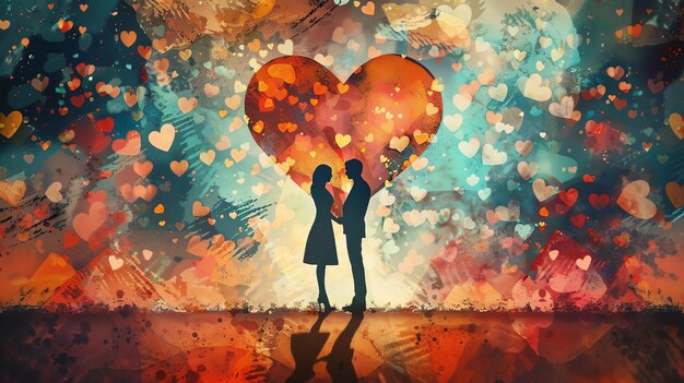 Een echtpaar staat voor een groot hart het hart is gemaakt van vele kleinere harten de achtergrond is een kleurrijk abstract schilderij