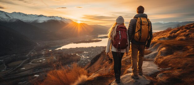 Een echtpaar van man en vrouw op de top van een berg in de winter bij zonsondergang of zonsopgang