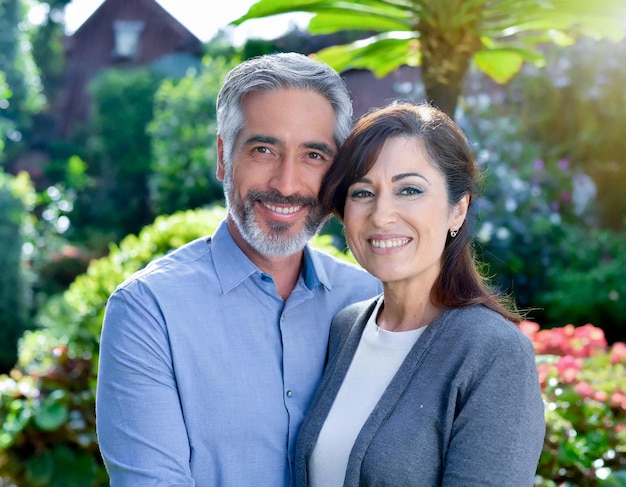 Een echtpaar van middelbare leeftijd kijkt naar de camera en glimlacht verliefd in de tuin buiten.