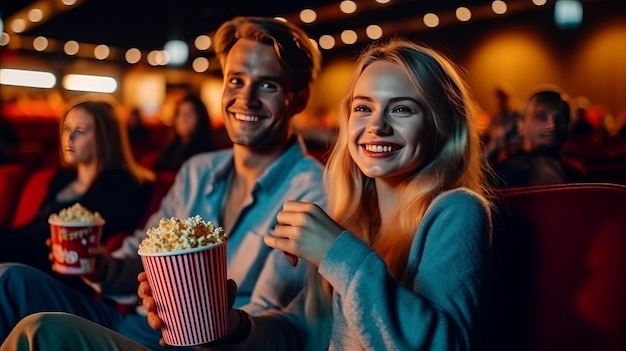 Een echtpaar zit in de bioscoop en kijkt naar een film, eet popcorn en drinkt koolzuurhoudend zoet water.