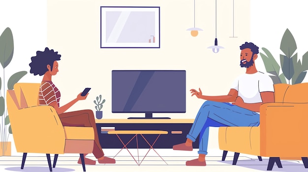 Een echtpaar zit in hun woonkamer tv te kijken de vrouw houdt de afstandsbediening vast en glimlacht