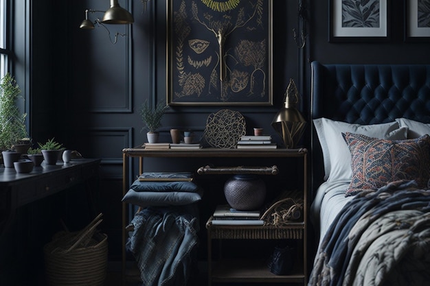 Een eclectische Boheemse slaapkamer met een mix van texturen en patronen