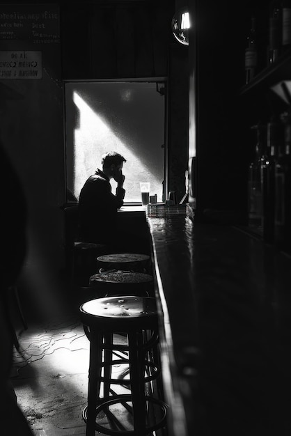 Een edgy schaduw gevulde café scène waar een beruchte manspreader zit terwijl in de buurt een ontgoochelde werknemer stilletjes ontslaat