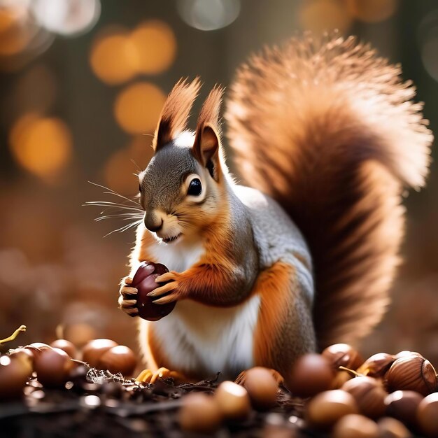 Foto een eekhoorn eet een appel van een stapel eieren