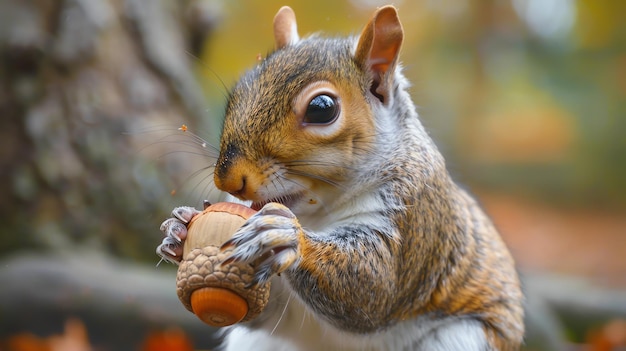 Een eekhoorn houdt een eikel in zijn poten en knabbelt er aan de eekhoorn zit op een boomtak