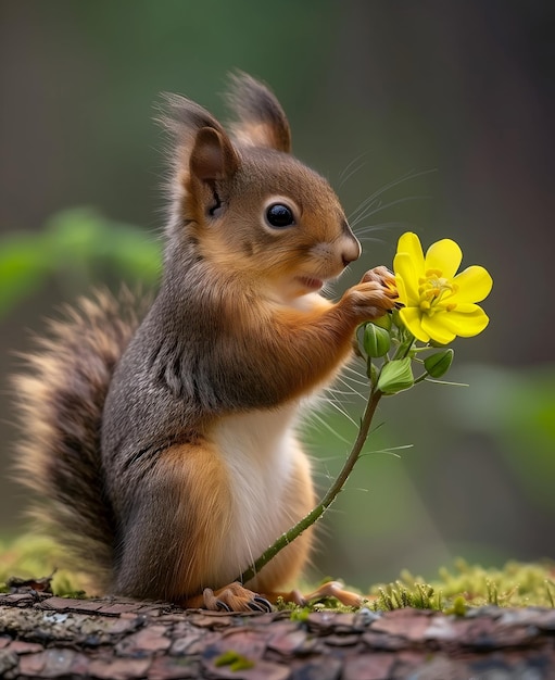 een eekhoorn houdt een gele bloem vast