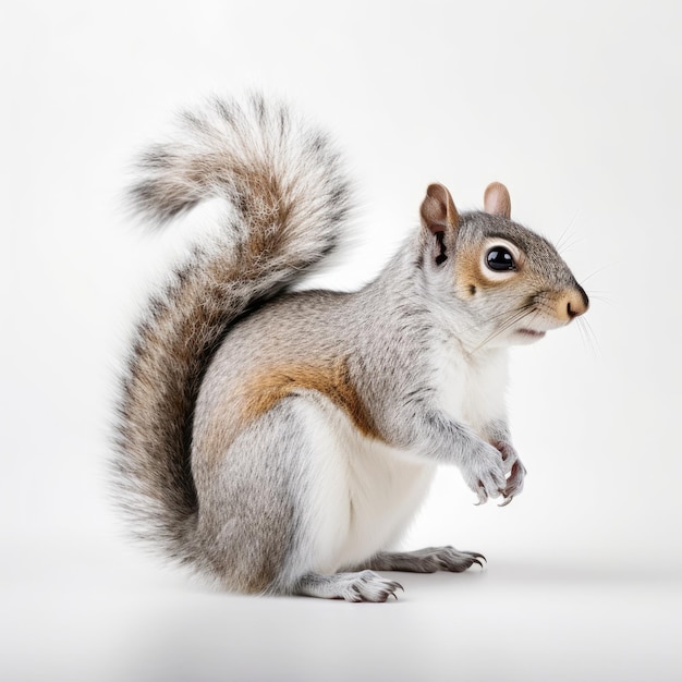 Foto een eekhoorn met een borstelige staart staat op een witte achtergrond.