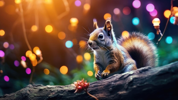 een eekhoorn met een rode staart zit op een boomtak en kijkt naar de camera.