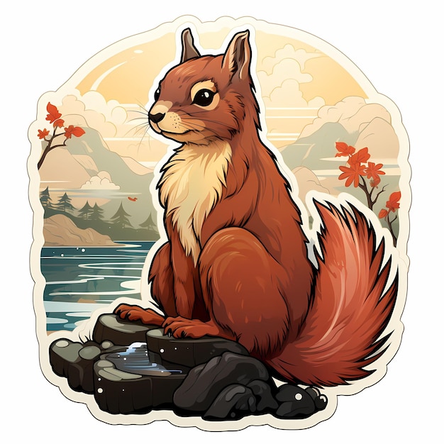 een eekhoorn met een rode staart zit op een rots voor een meer.