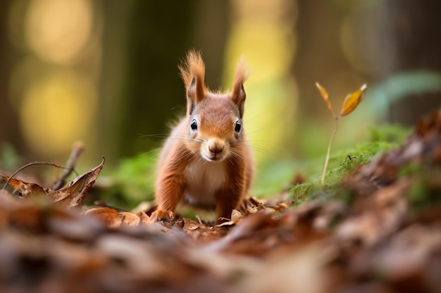 een eekhoorn staat in de bladeren in het bos