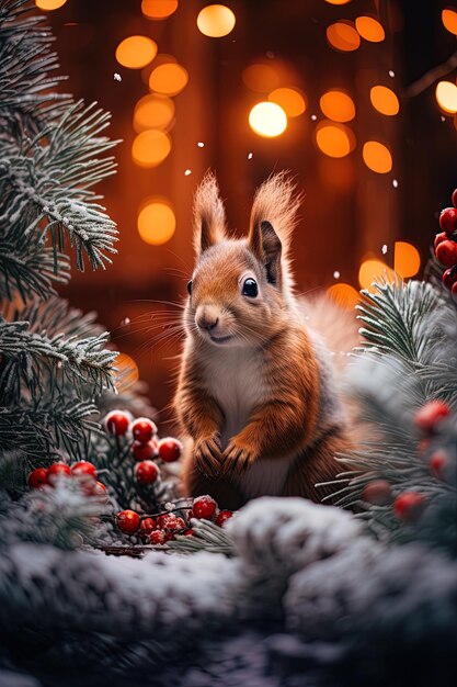 een eekhoorn zit in een kerstboom met een kerst boom op de achtergrond