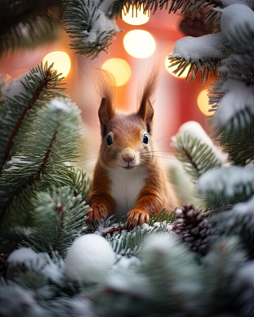 Foto een eekhoorn zit in een kerstboom met sneeuw erop