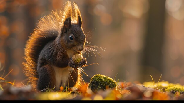 Foto een eekhoorn zit op de grond in het bos de eekhoorn houdt een noot in zijn poten en kijkt naar de camera