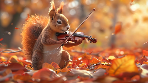 Foto een eekhoorn zit op een bed van gevallen bladeren en speelt viool de eekhoorn is omringd door een kleurrijke achtergrond van herfstbladeren