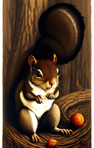 Een eekhoorn zit op een boomstam met een pompoen op de achtergrond.