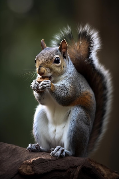 Een eekhoorn zit op een boomtak en eet een noot.
