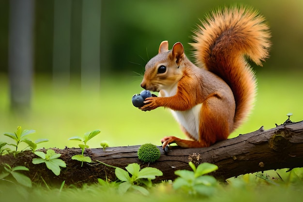 Een eekhoorn zit op een tak een blauwe bes te eten.